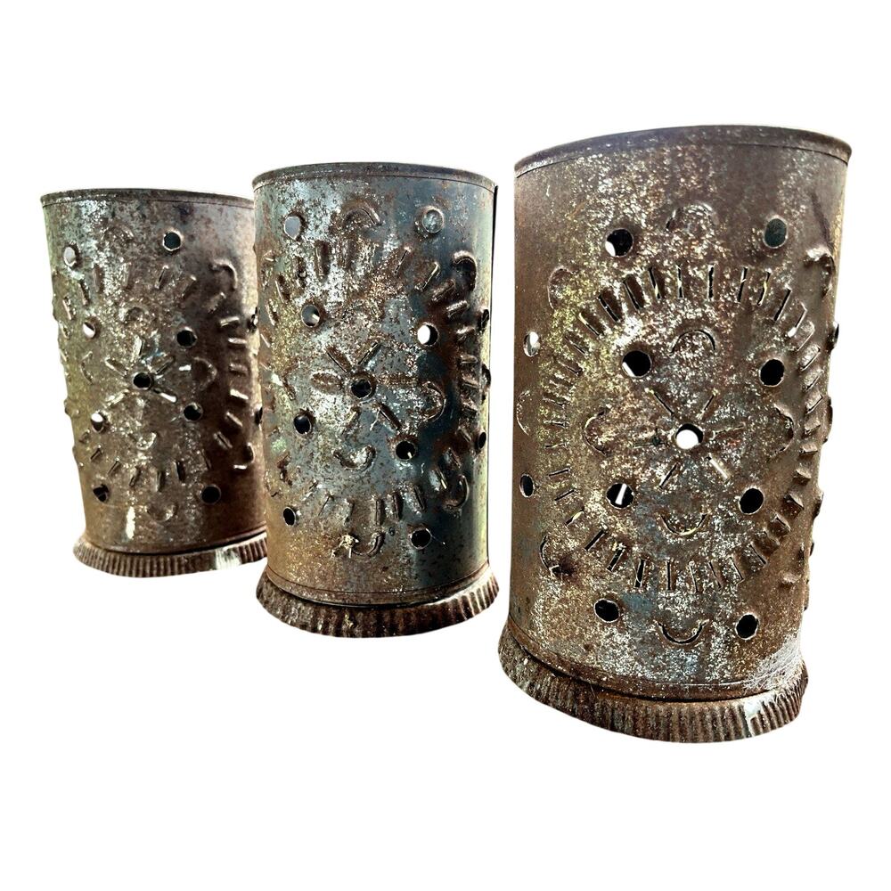 3 Vintage Hammered Tin Outdoor Candle Holder Mexican 1970s 3 pc rusty Folk Art